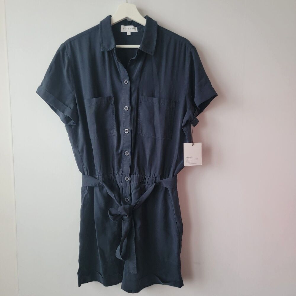 Bella Dahl women's Rolled Hem Utility Romper size M tie belt Front button